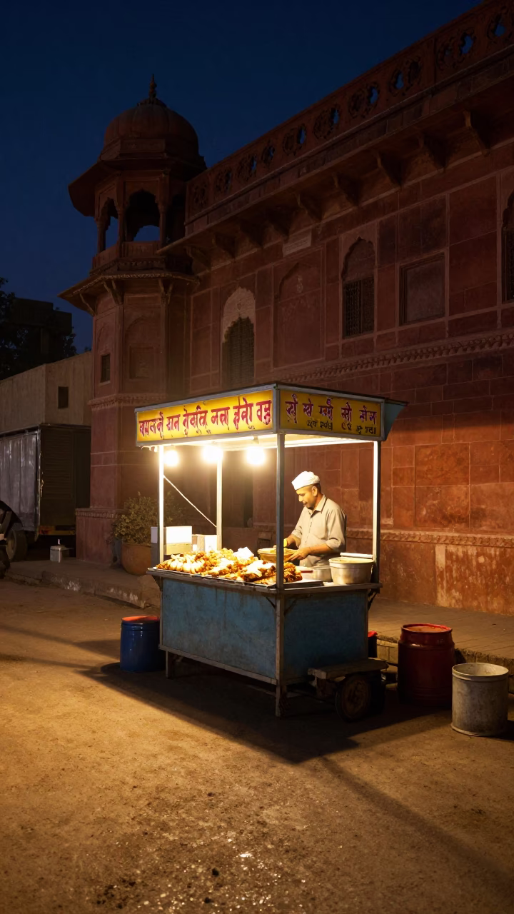 Late Night Jaipur Street Food Stall with Chicken Shawarma and Doormat in Rajasthan India in in Jaipur, India