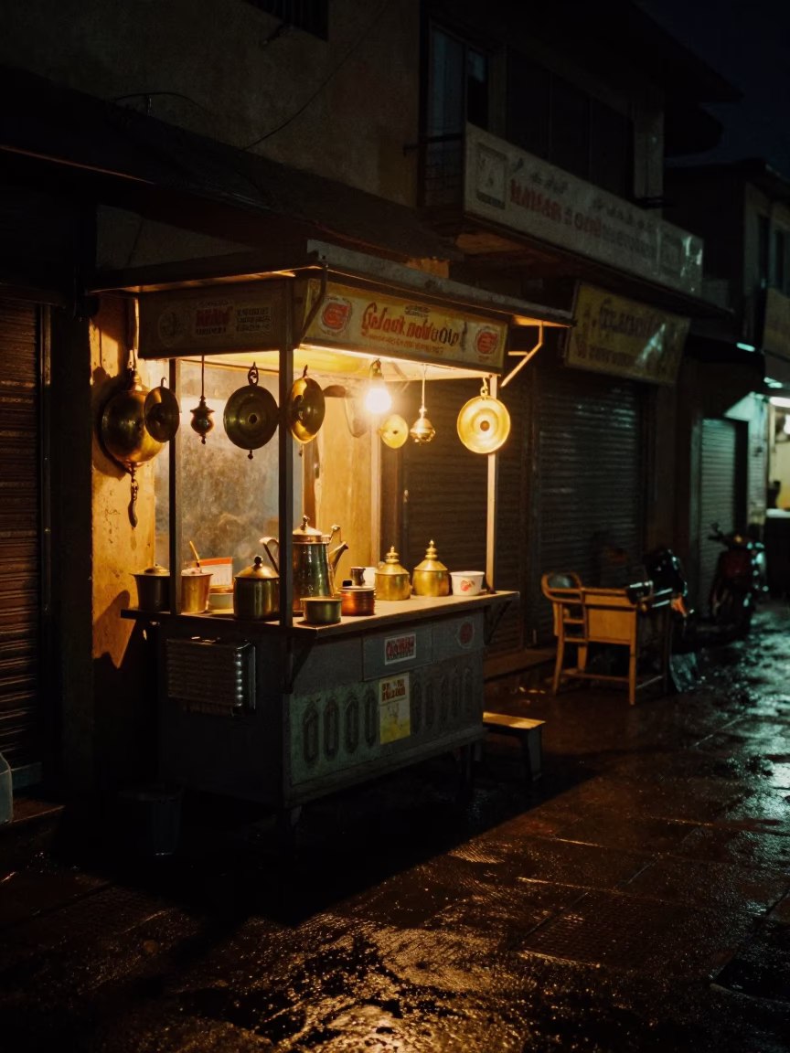 Late Night Jaipur Street Scene with Brass Fixtures and Linen Details in in Jaipur, India