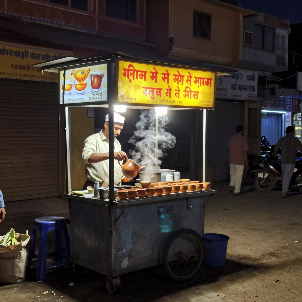 Late Night Jaipur Street Scene with Chai Stall and Local Traffic in in Jaipur, India