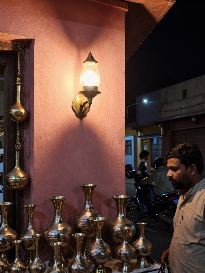 Late Night Jaipur Street Scene with Hammered Metal and Wall Sconce in in Jaipur, India