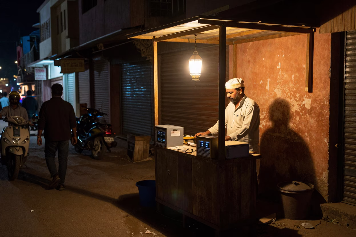 Late Night Jaipur Street Scene with Lockable Cash Box and Lantern Light in in Jaipur, India