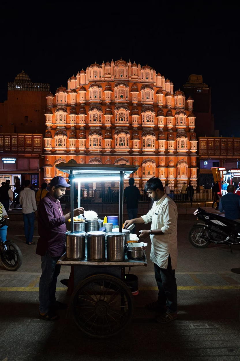 Late Night Jaipur Street Scene with Neon Lights and Local Activity in in Jaipur, India