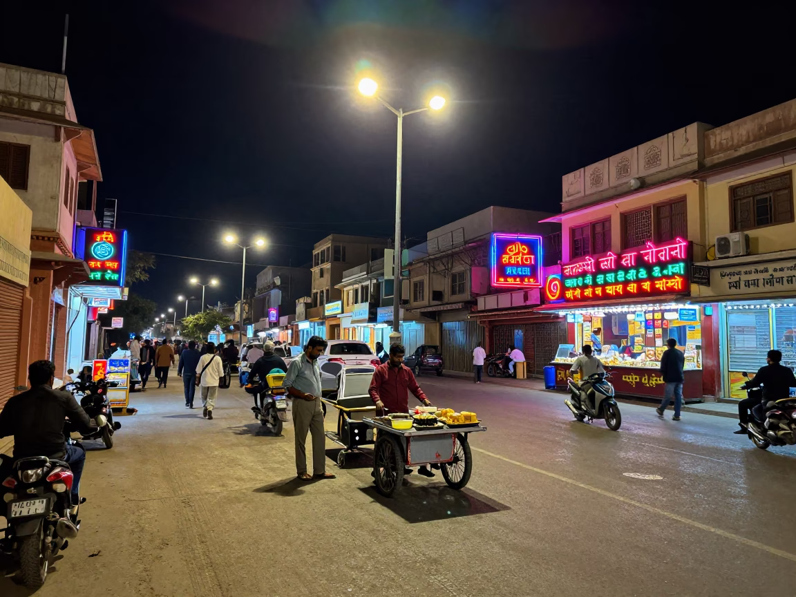 Late Night Jaipur Street Scene with Neon Lights and Local Food Vendors in in Jaipur, India