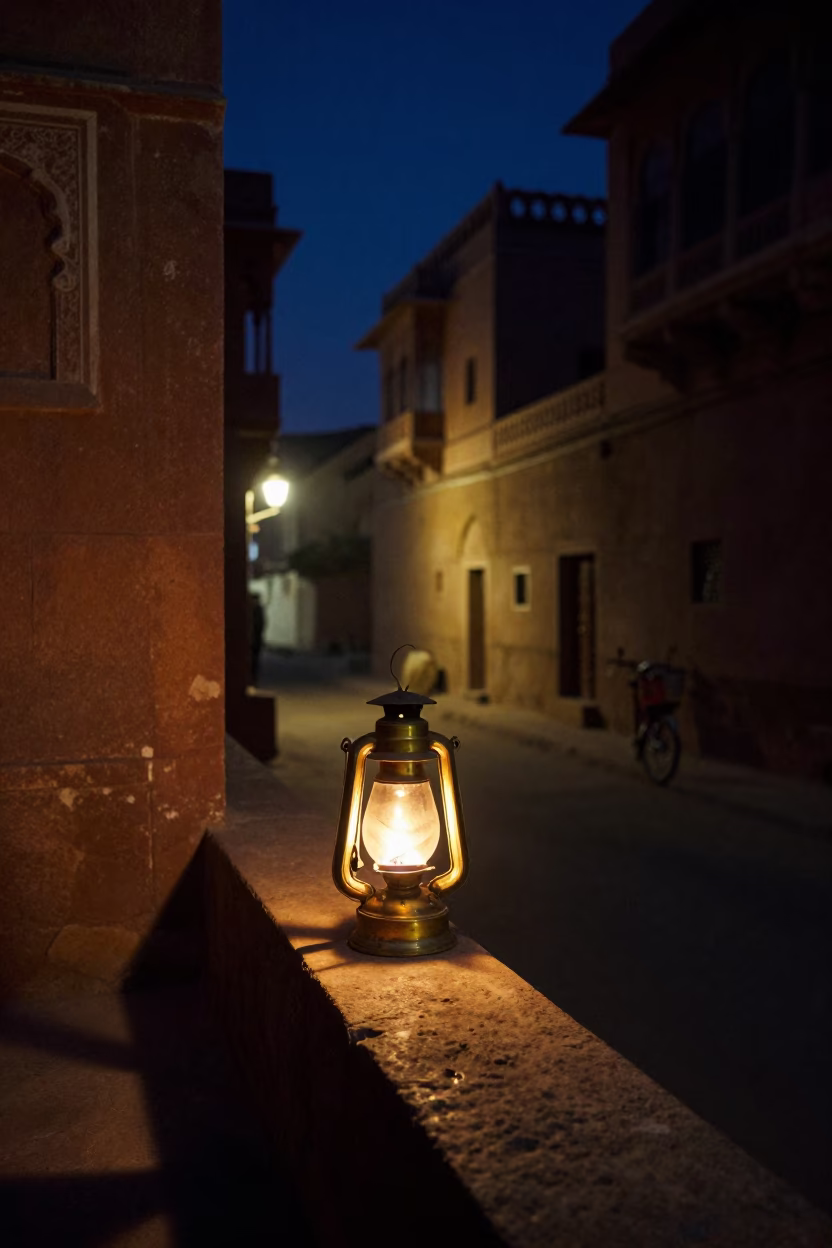 Late Night Jaipur Street Scene with Oil Lamp and Striped Fabric in in Jaipur, India