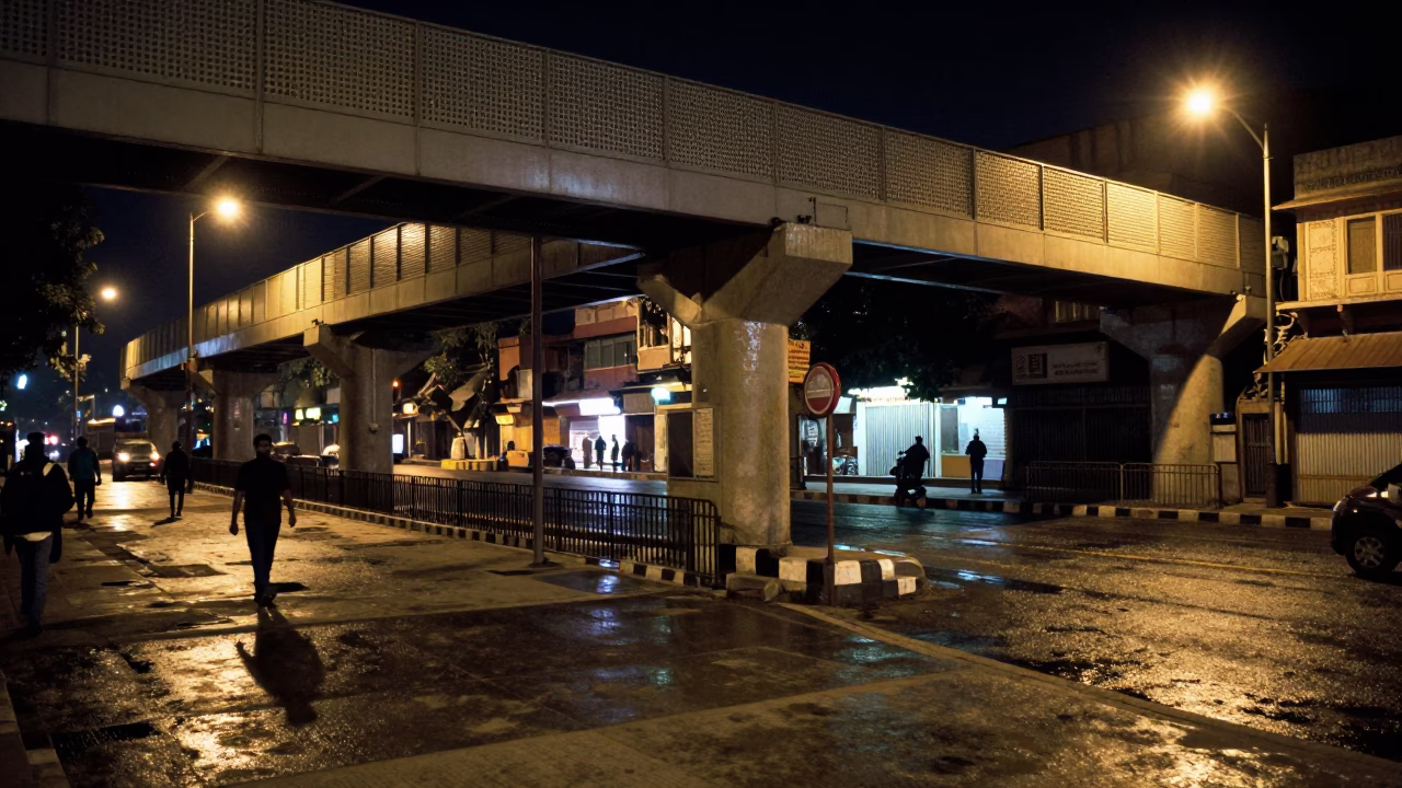 Late Night Jaipur Street Scene with Perforated Metal Pedestrian Overpass and Wet Footsteps in in Jaipur, India