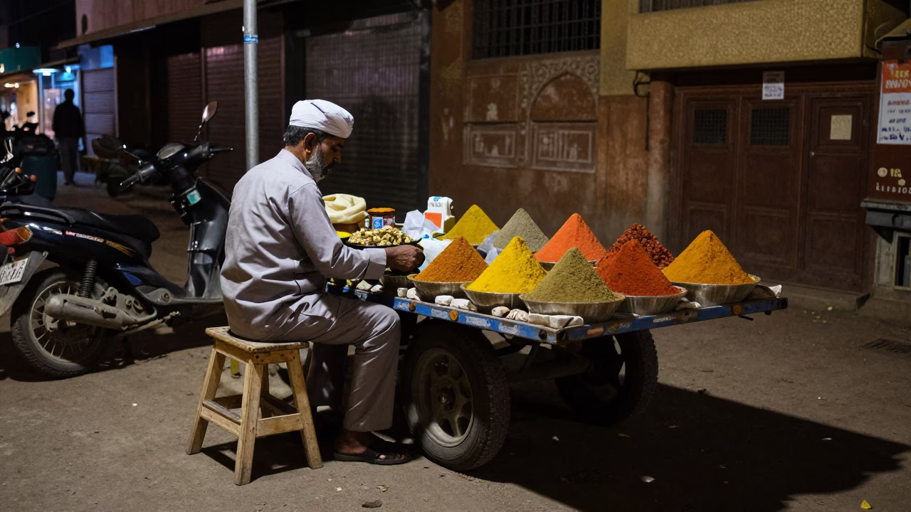 Late Night Jaipur Street Scene with Step Stool and Glass Tray in in Jaipur, India