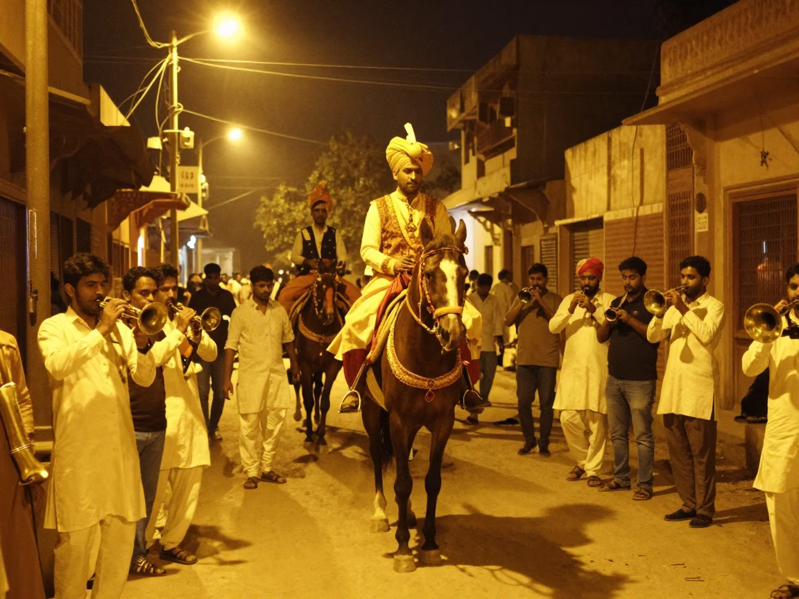 Late Night Jaipur Street Scene with Traditional Wedding Procession and Local Night Life in in Jaipur, India