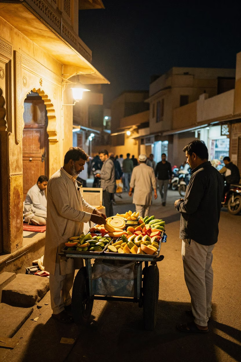 Late Night Jaipur Street Scene with Vendor and Traditional Architecture in in Jaipur, India