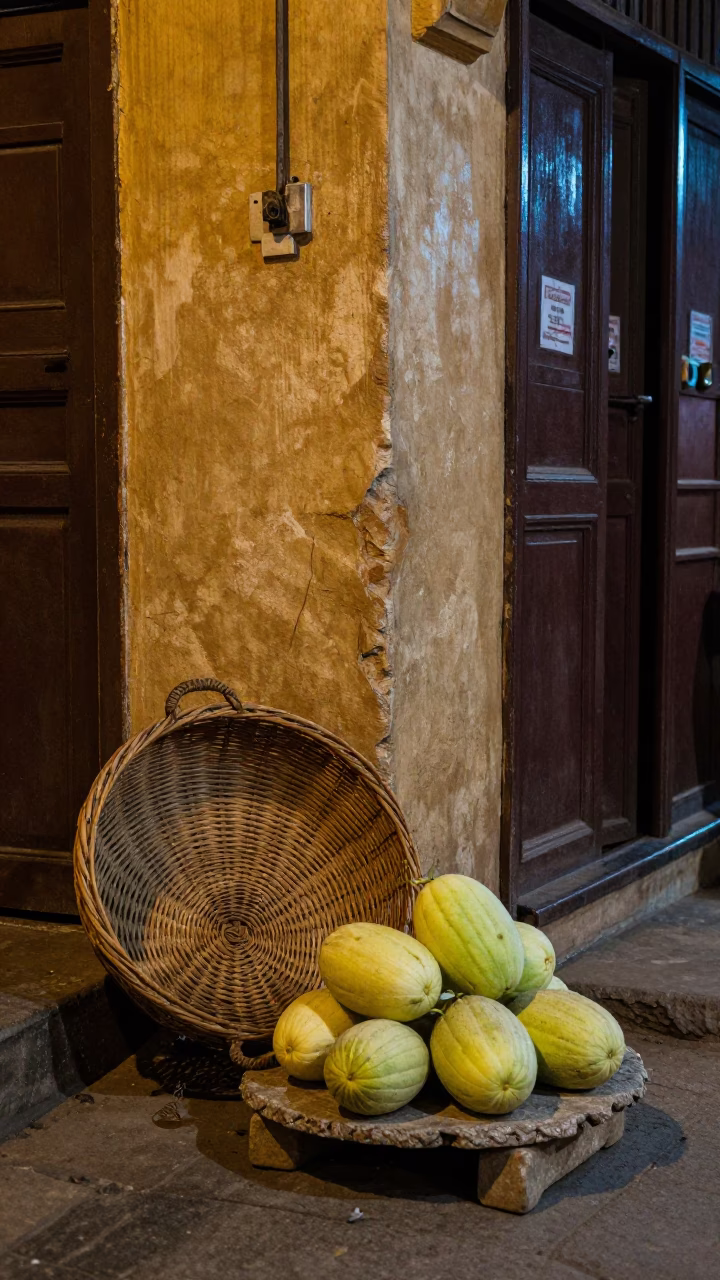Late Night Jaipur Street Scene with Wicker Hamper and Melons Under Warm Lamp Light in in Jaipur, India