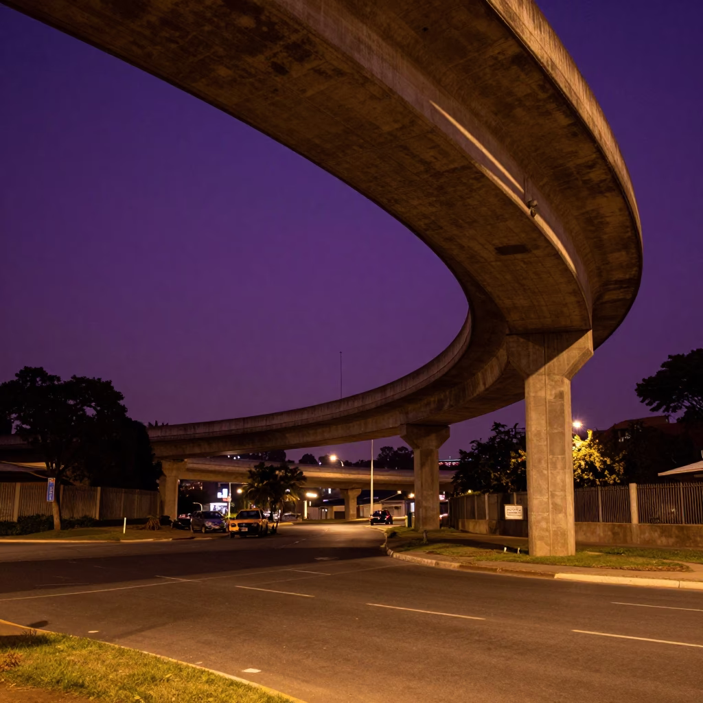 Late Night Johannesburg Overpass Ramp Violet Sky Street Scene in in Johannesburg, South Africa