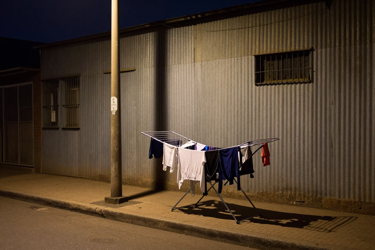 Late Night Johannesburg Street Corner with Drying Rack and Bottles Under Streetlight in in Johannesburg, South Africa