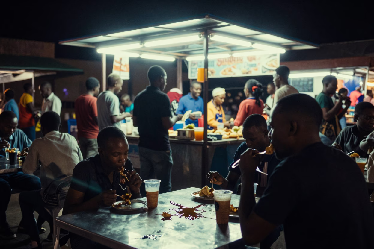 Late Night Johannesburg Street Food Stall with Grease Sheen on Table and Glass Jar in in Johannesburg, South Africa