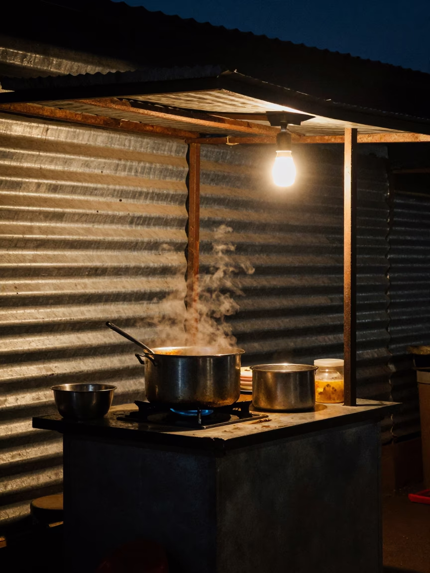 Late Night Johannesburg Street Food Stall with Saucepan and Wicker Shadow in in Johannesburg, South Africa