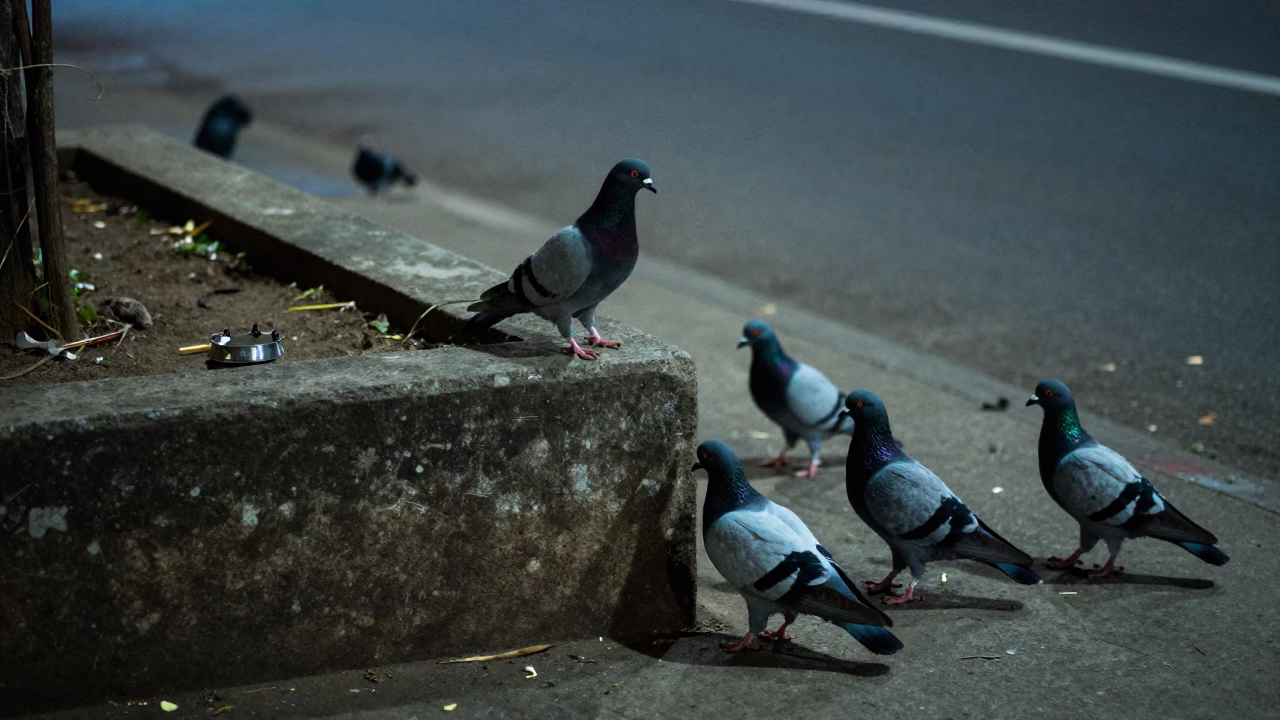 Late Night Johannesburg Street Scene with Ashtray and Pigeons in in Johannesburg, South Africa