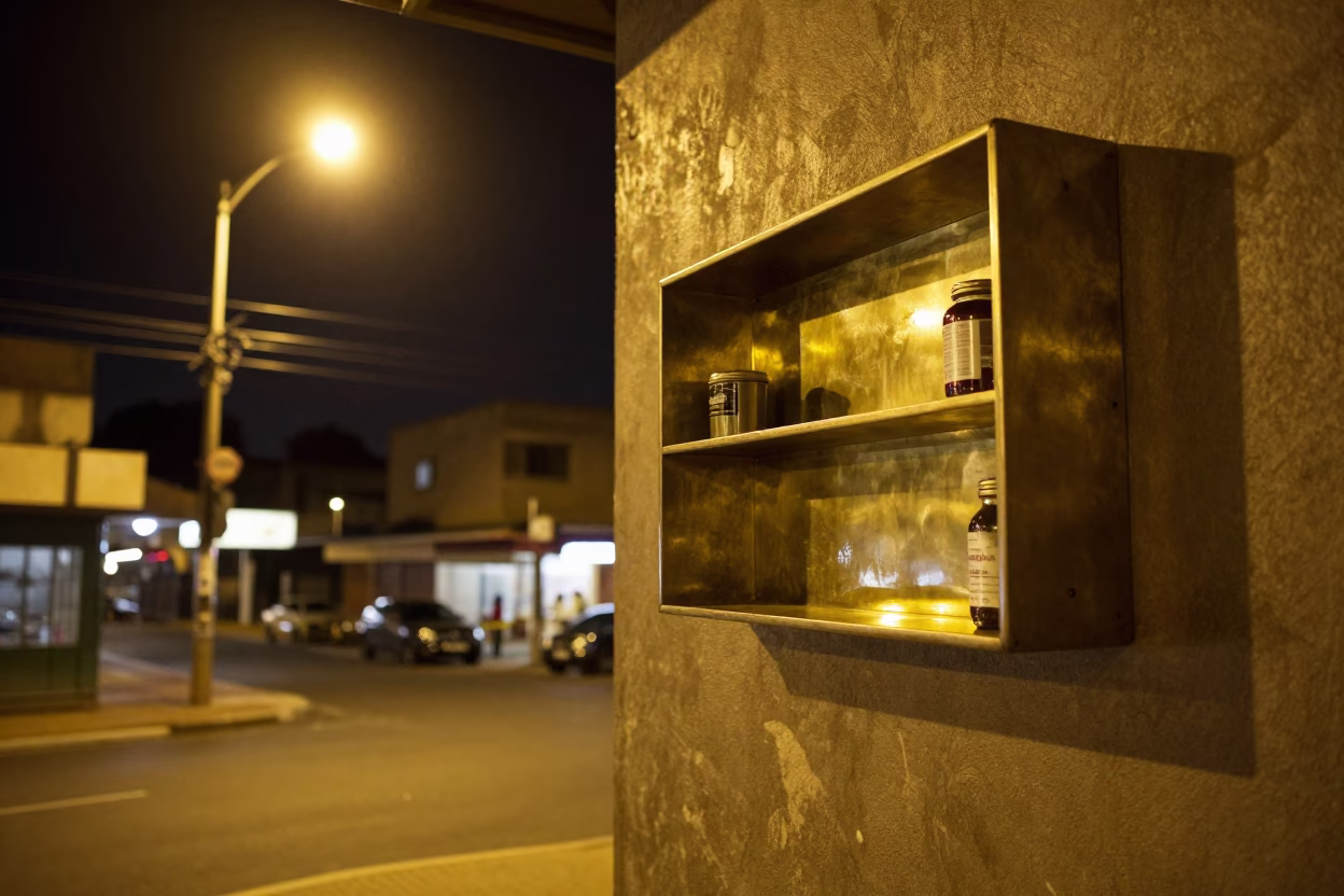 Late Night Johannesburg Street Scene with Brass Shelf and Key Blank in in Johannesburg, South Africa