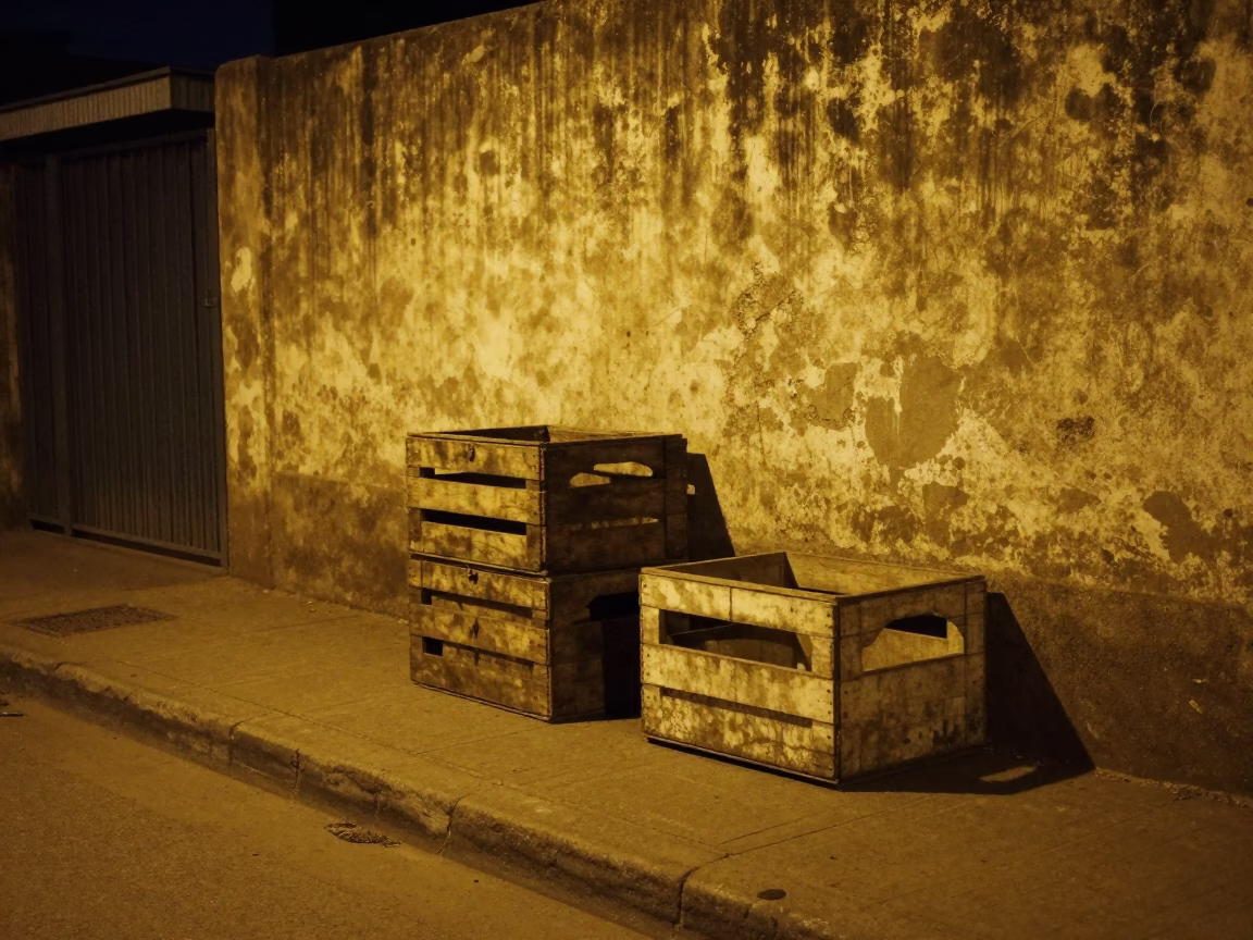 Late Night Johannesburg Street Scene with Concrete Crates and Urban Decay in in Johannesburg, South Africa