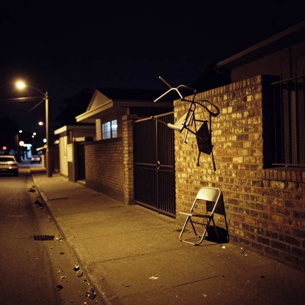 Late Night Johannesburg Street Scene with Folding Chair and Clothesline Under Streetlights in in Johannesburg, South Africa