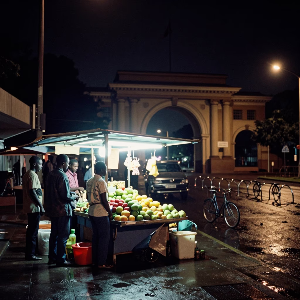 Late Night Johannesburg Street Scene with Fruit Stall and University Archway in in Johannesburg, South Africa