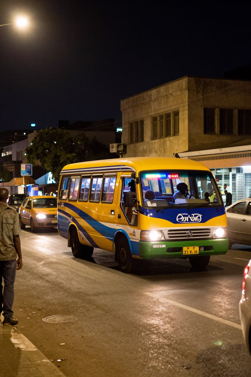 Late Night Johannesburg Street Scene with Matatu Minibus and Urban Life in in Johannesburg, South Africa