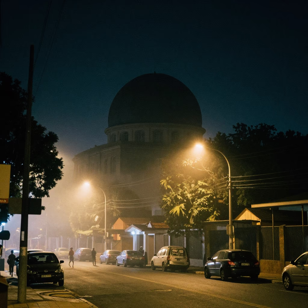 Late Night Johannesburg Street Scene with Observatory Dome Silhouette and Ground Fog in in Johannesburg, South Africa