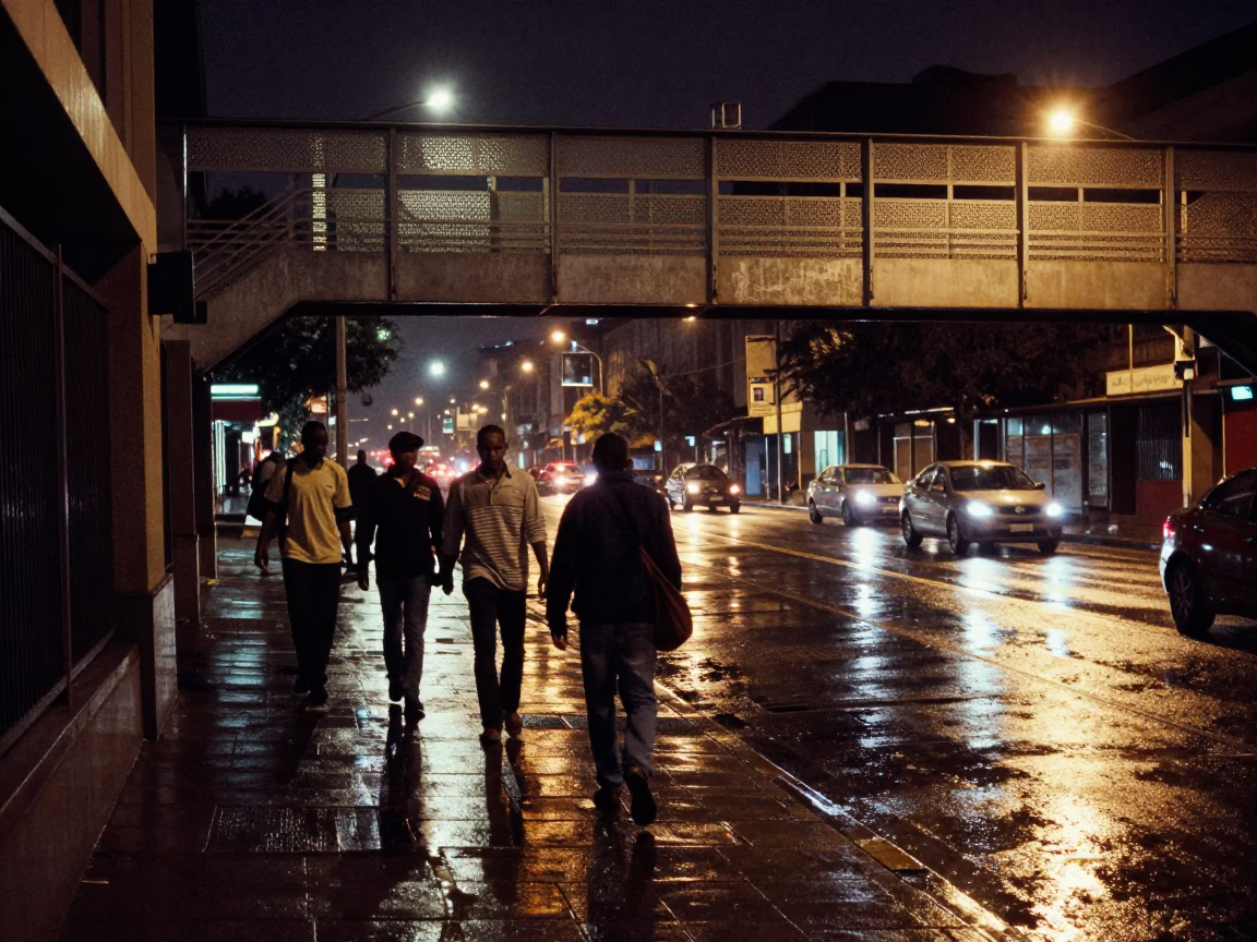 Late Night Johannesburg Street Scene with Perforated Metal Pedestrian Overpass and Wet Footsteps in in Johannesburg, South Africa