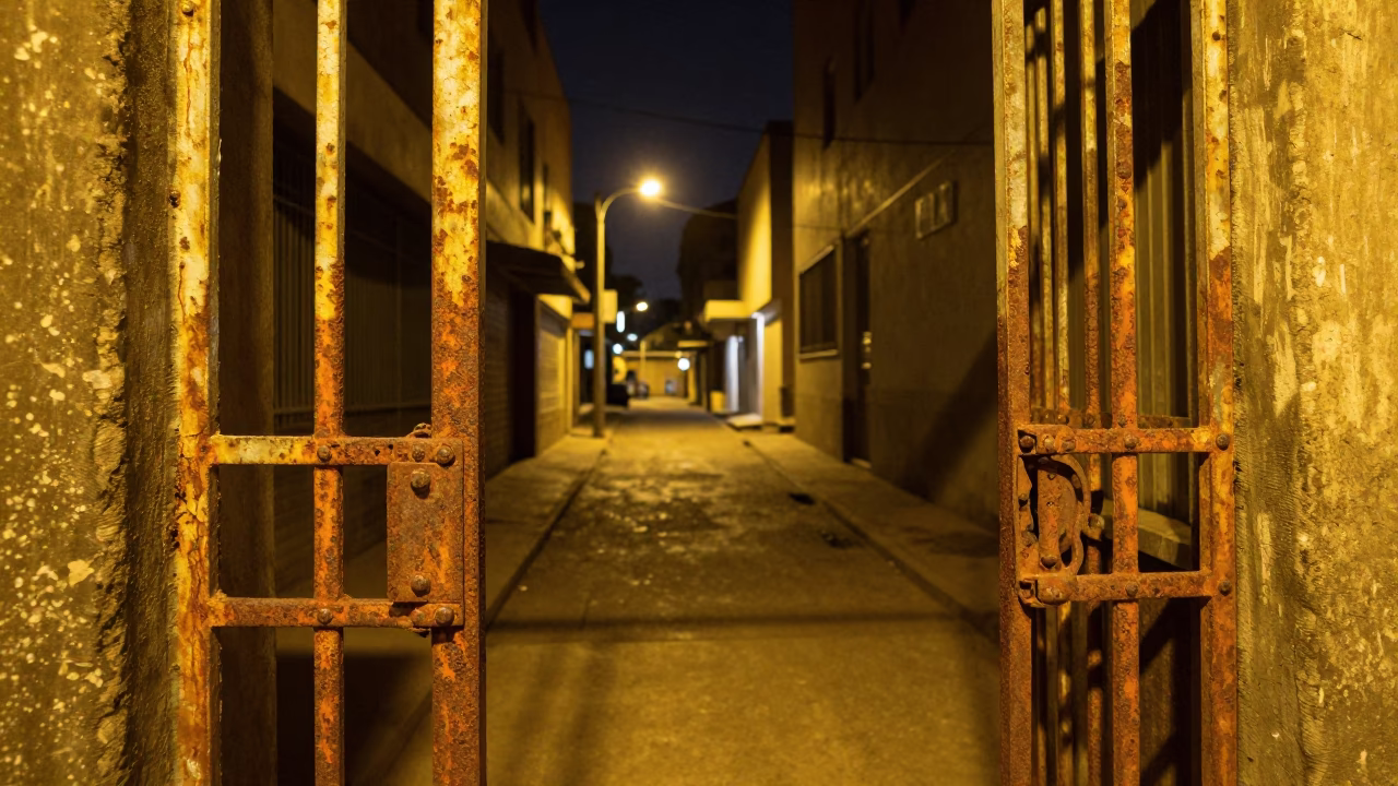 Late Night Johannesburg Street Scene with Rust Around Doorframe and Sodium Streetlights in in Johannesburg, South Africa