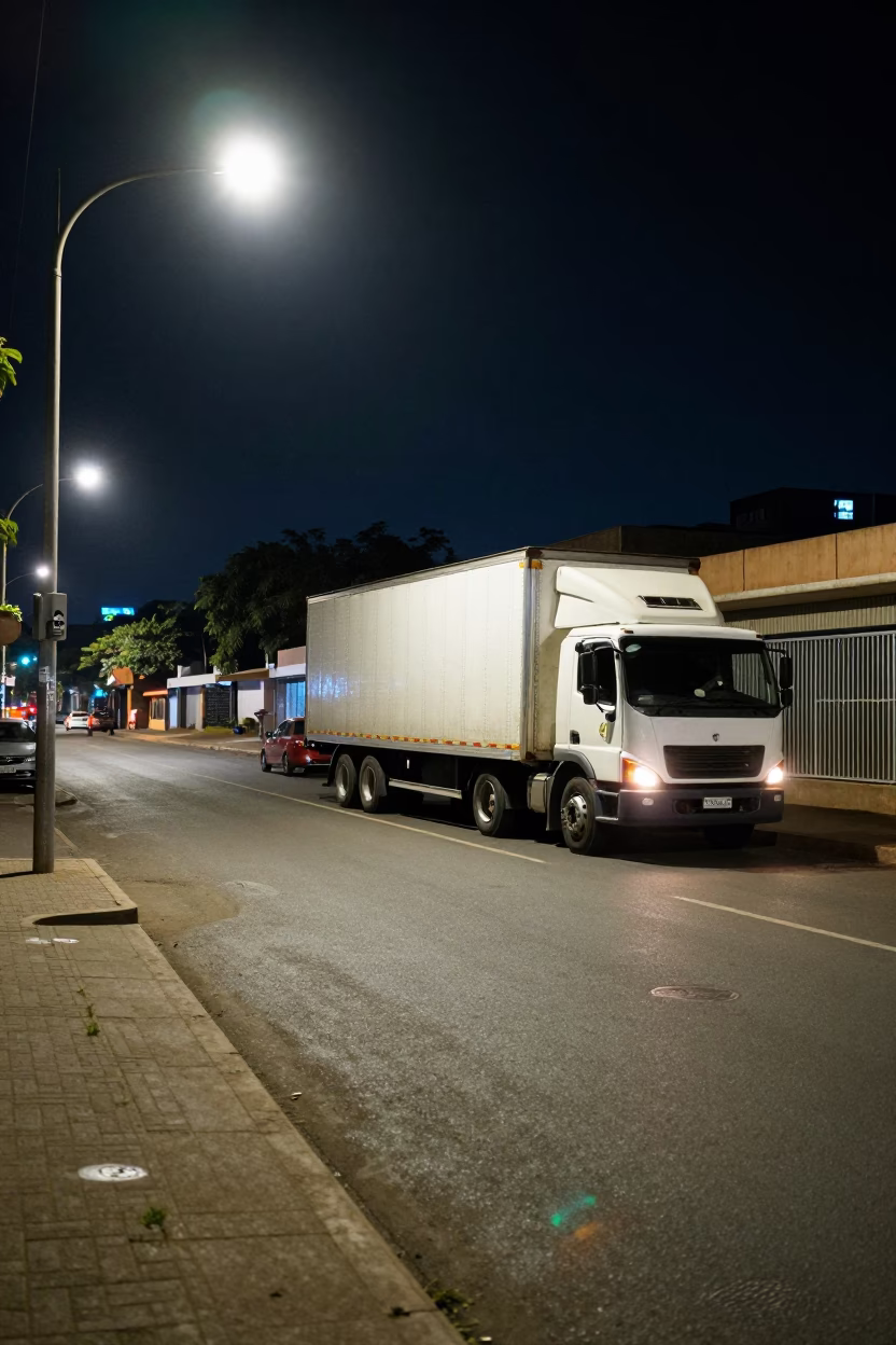 Late Night Johannesburg Street Scene with Semi-Trailer and Urban Architecture in in Johannesburg, South Africa