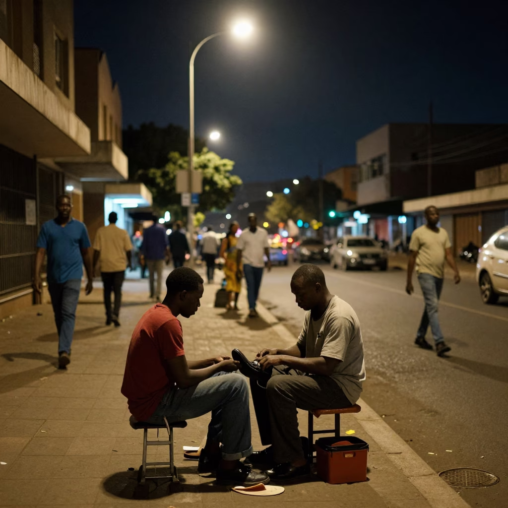 Late Night Johannesburg Street Scene with Shoe Shiner and Urban Life in in Johannesburg, South Africa