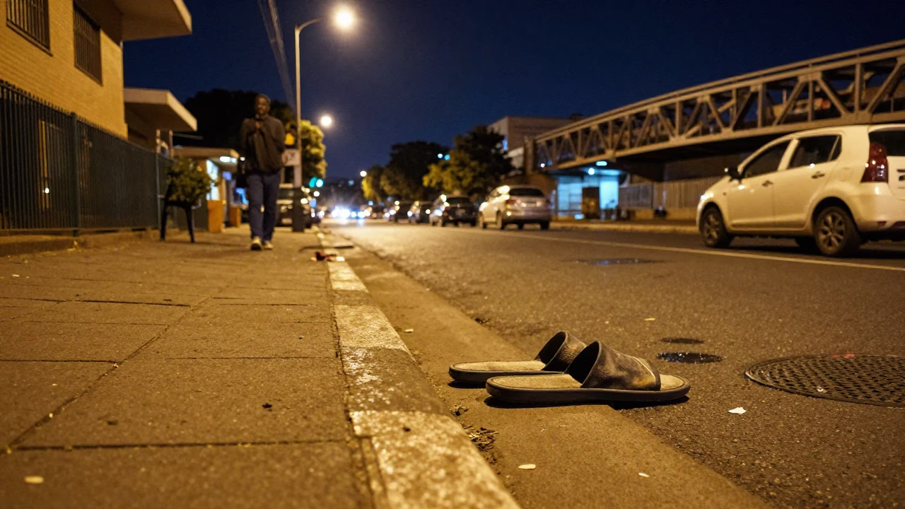 Late Night Johannesburg Street Scene with Slippers and Bridge Maintenance Cradle in in Johannesburg, South Africa