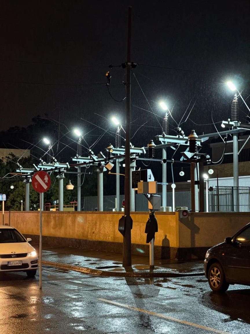 Late Night Johannesburg Street Scene with Substation Insulators and Urban Activity in in Johannesburg, South Africa