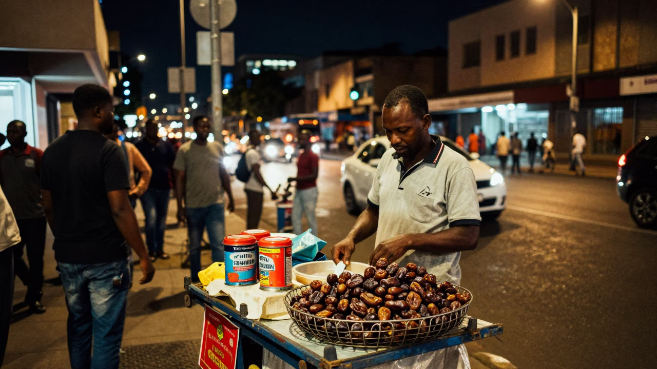 Late Night Johannesburg Street Scene with Tiffin Tin and Local Life in in Johannesburg, South Africa