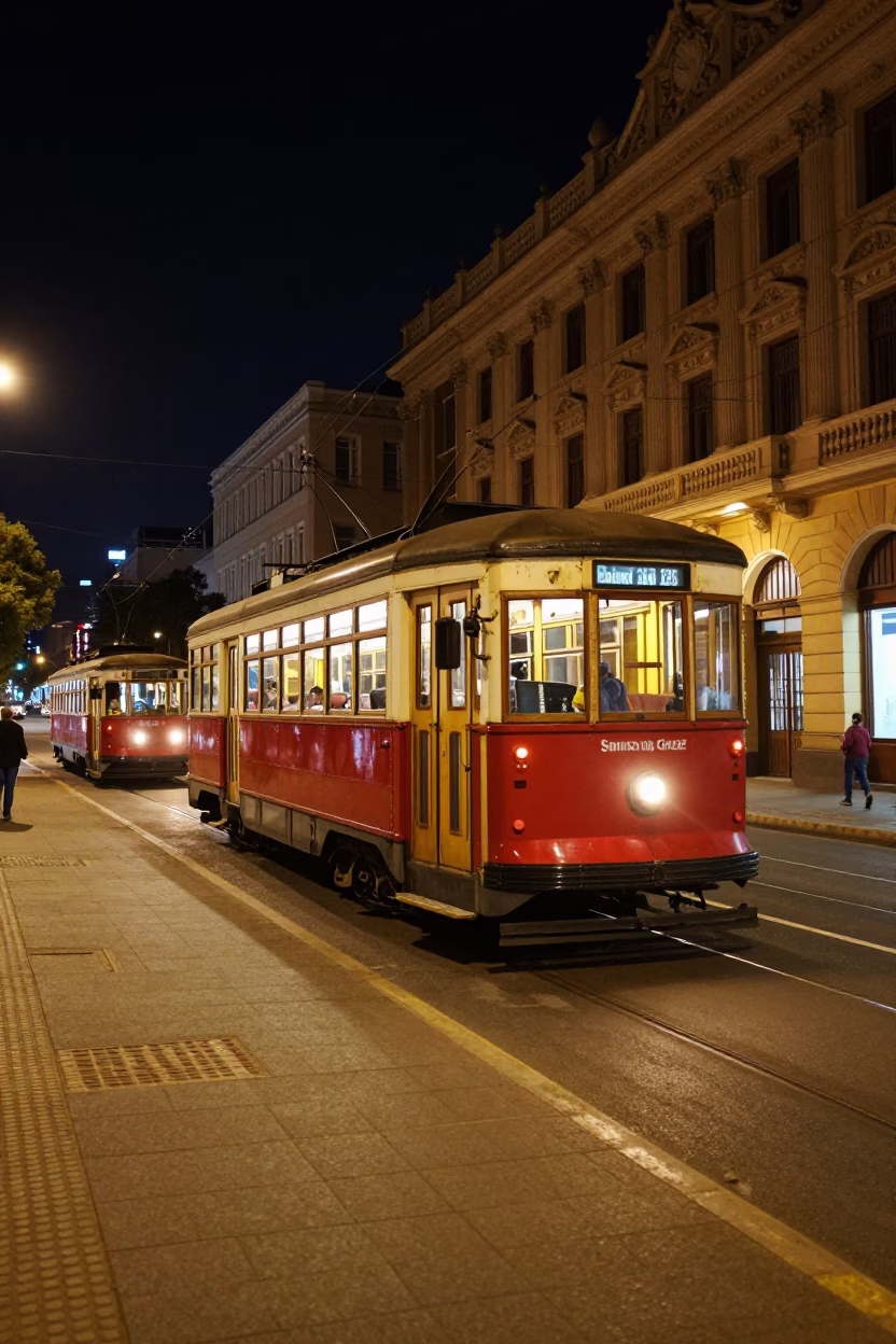 Late Night Johannesburg Street Scene with Tram and Urban Architecture in in Johannesburg, South Africa