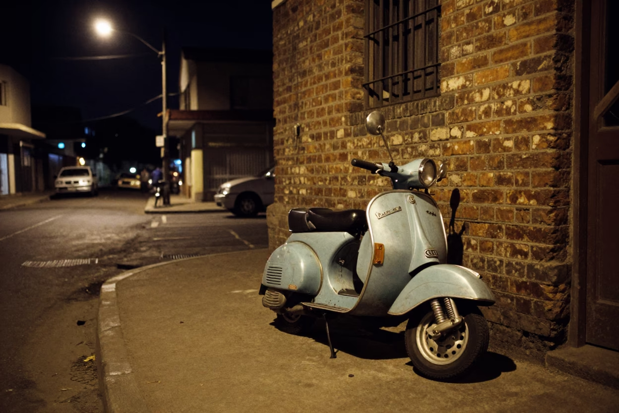 Late Night Johannesburg Street Scene with Vintage Vespa and Dominoes on Cobblestone Lane in in Johannesburg, South Africa