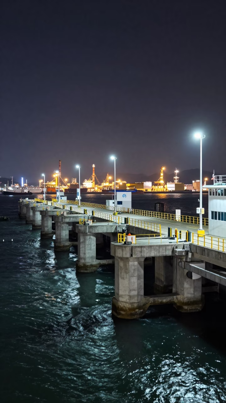Late Night Kaohsiung Ferry Terminal Piling System at Low Tide with Distant City Lights in in Kaohsiung, Taiwan