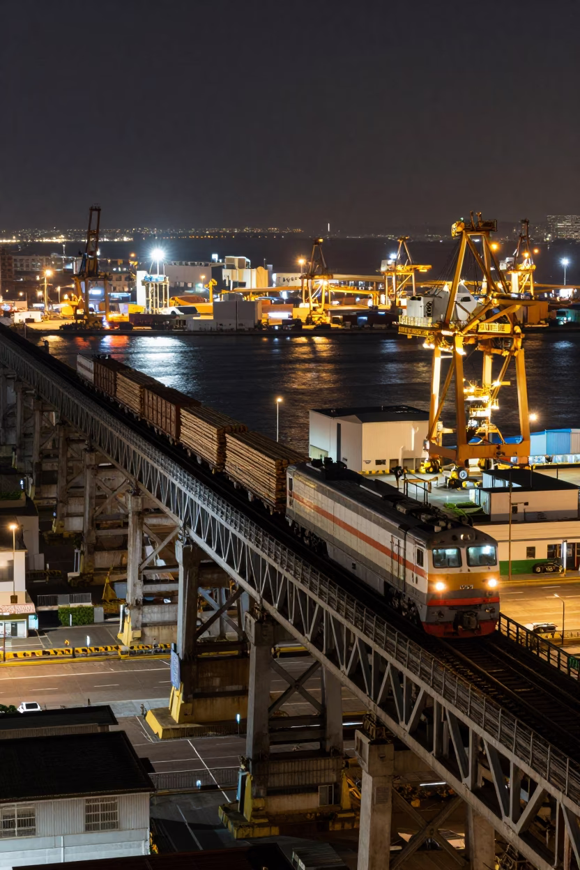 Late Night Kaohsiung Harbor Freight Train Crossing Trestle With Lumber Cargo in in Kaohsiung, Taiwan