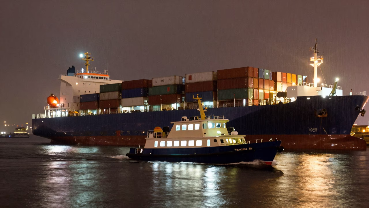 Late Night Kaohsiung Harbor Pilot Boat Navigating Container Ship Through Drizzle in in Kaohsiung, Taiwan