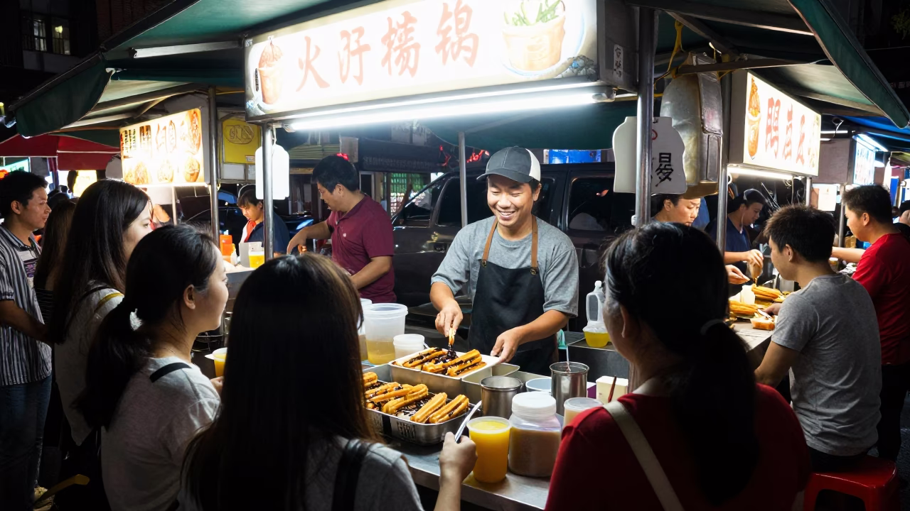 Late Night Kaohsiung Street Food Scene with Junk Boat Harbor Background in in Kaohsiung, Taiwan