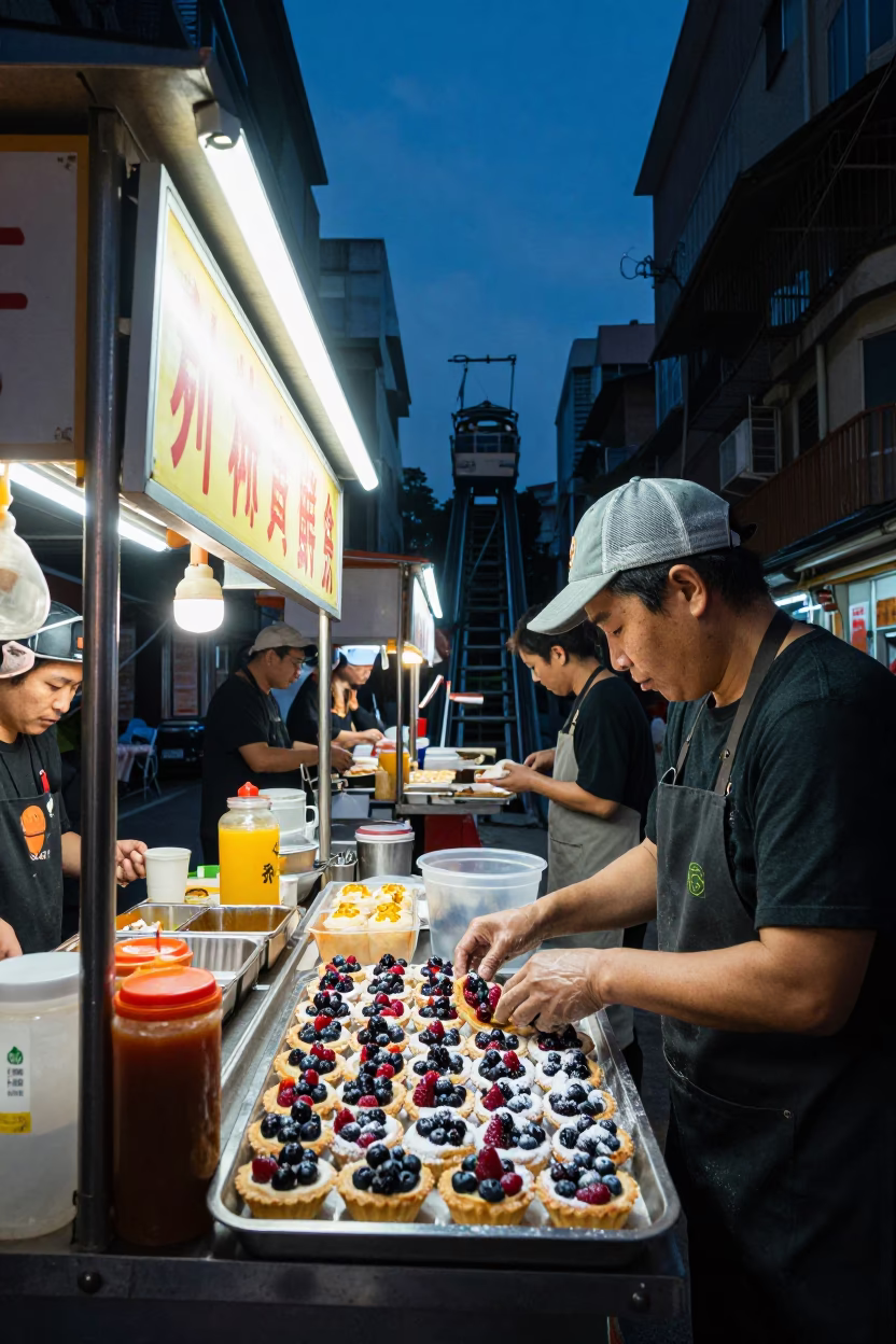 Late Night Kaohsiung Street Food Stall with Funicular View and Glass Cup in in Kaohsiung, Taiwan