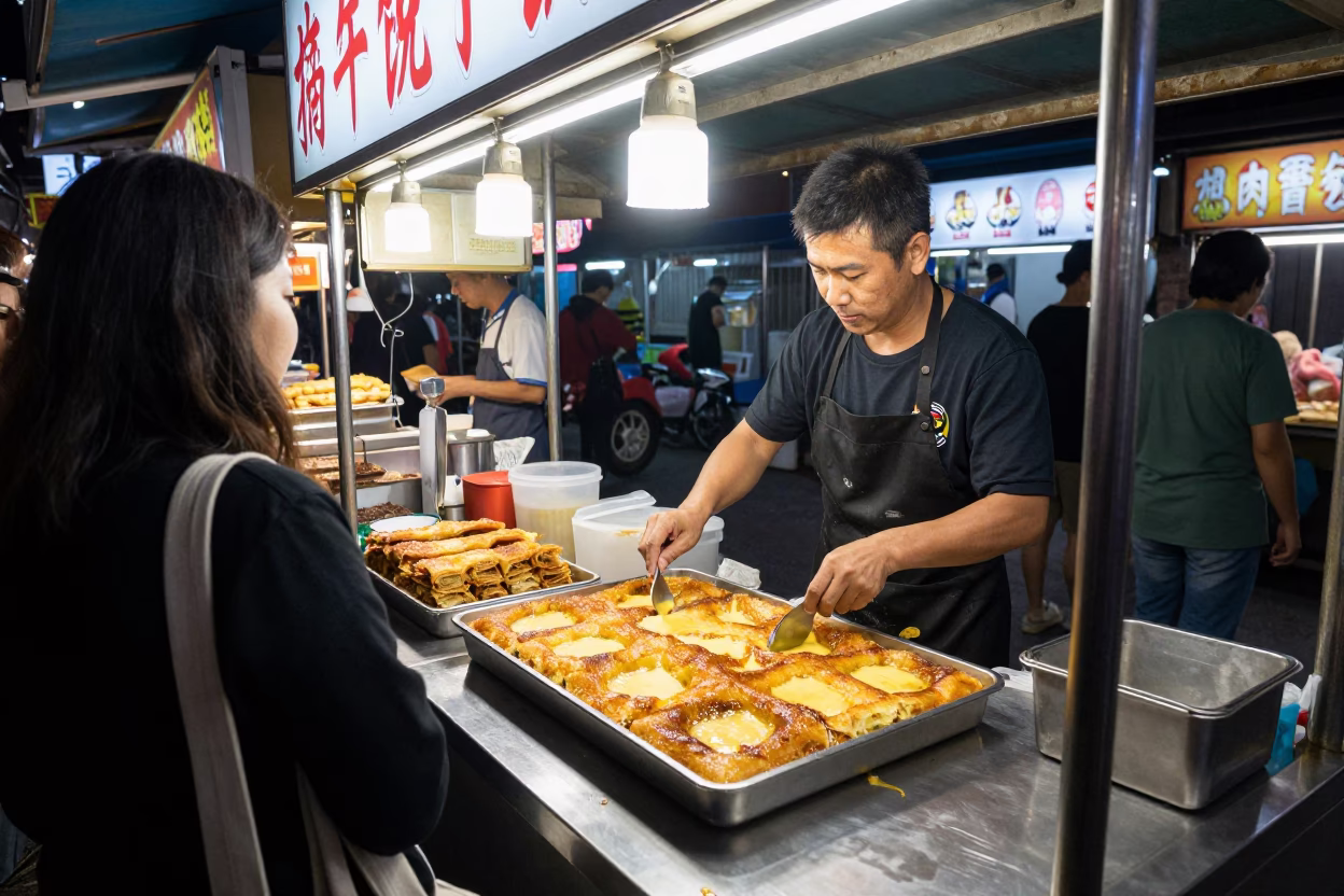 Late Night Kaohsiung Street Food Stall with Kunafa and Salt Shaker in in Kaohsiung, Taiwan