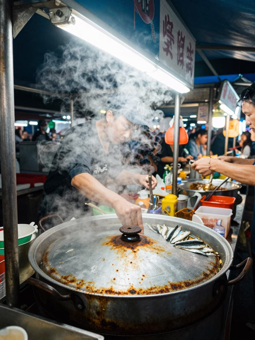 Late Night Kaohsiung Street Food Stall with Rusty Utensils and Floating Lanterns in in Kaohsiung, Taiwan