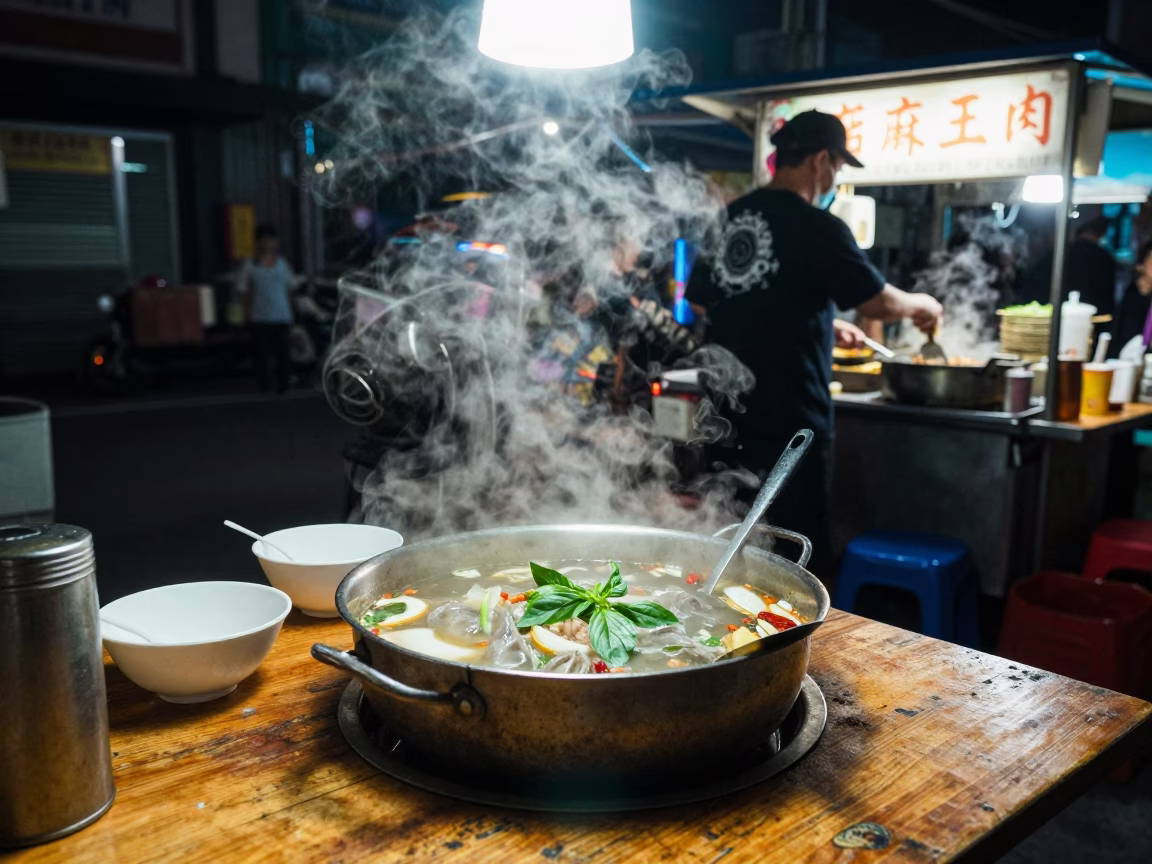 Late Night Kaohsiung Street Food Stall with Spatula and Bowl of Pho Tai in in Kaohsiung, Taiwan