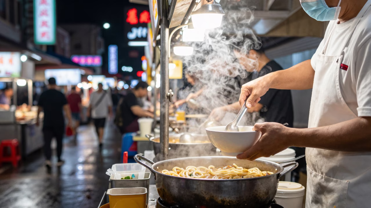 Late Night Kaohsiung Street Food Stall with Steaming Udon and Neon Reflections in in Kaohsiung, Taiwan