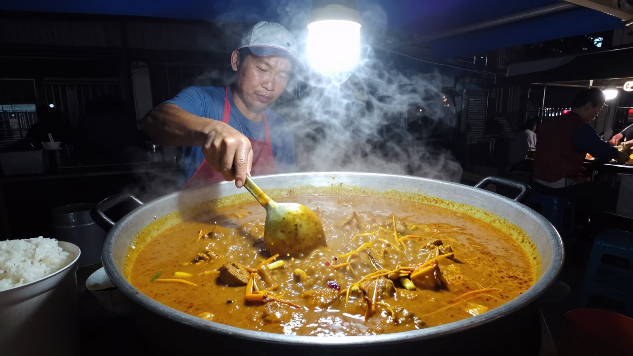 Late Night Kaohsiung Street Food Vendor Cooking Curry with Rattan Chair and Grease Sheen in in Kaohsiung, Taiwan