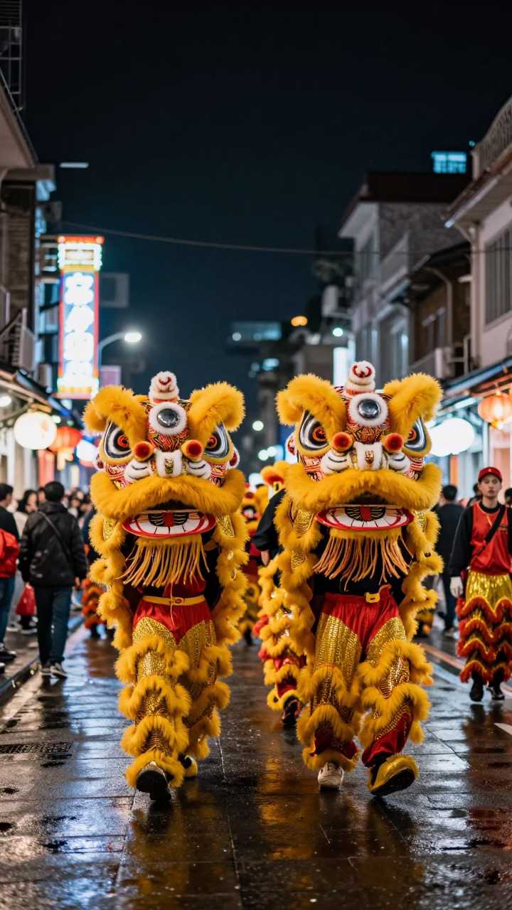 Late Night Kaohsiung Street Scene with Chinese New Year Lion Dance Performance in in Kaohsiung, Taiwan
