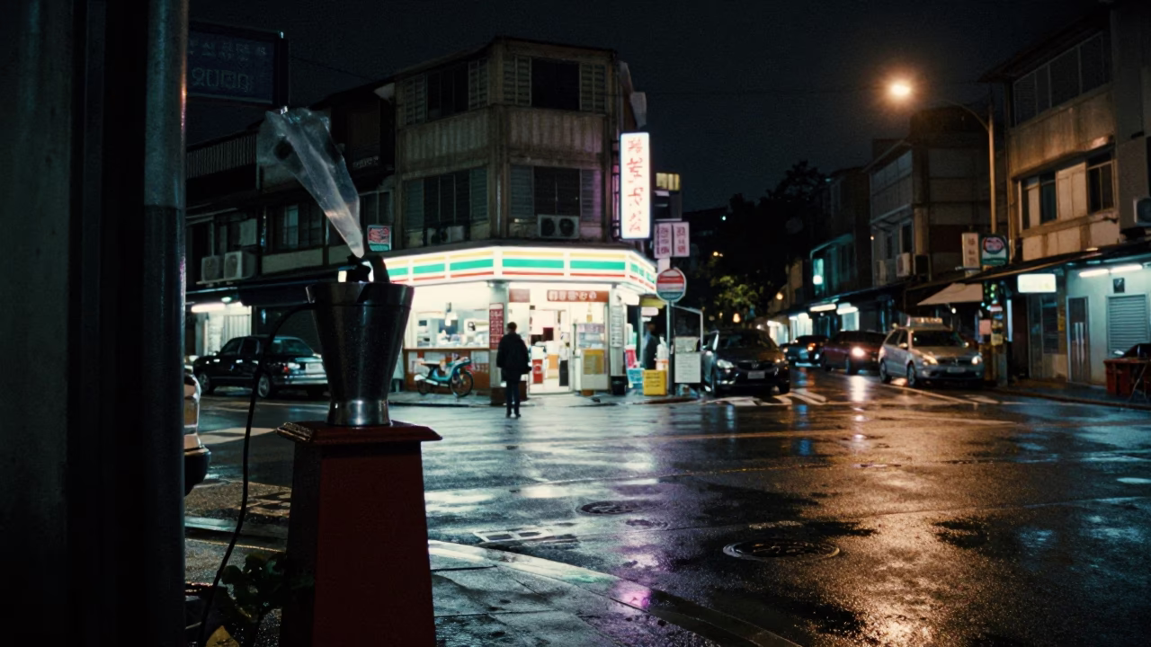 Late Night Kaohsiung Street Scene with Coffee Grinder and Tea Towels in in Kaohsiung, Taiwan