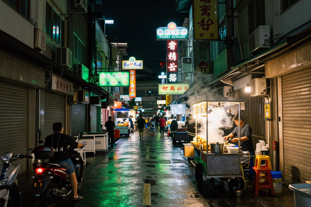 Late Night Kaohsiung Street Scene with Colorful Neon Signs and Local Street Food Vendor in in Kaohsiung, Taiwan