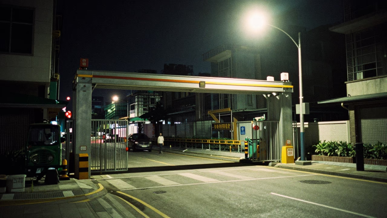 Late Night Kaohsiung Street Scene with Construction Elevator Gate and Rebar Bundles in in Kaohsiung, Taiwan