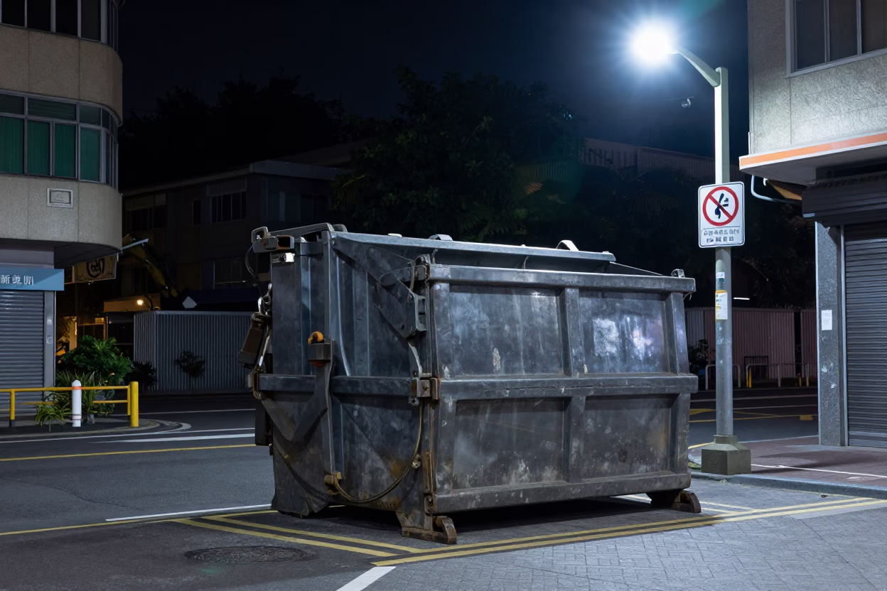 Late Night Kaohsiung Street Scene with Demolition Dumpster and Neon Reflections in in Kaohsiung, Taiwan