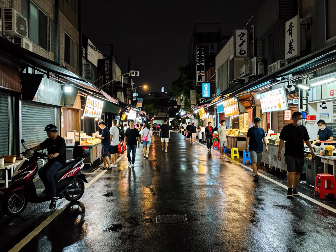 Late Night Kaohsiung Street Scene with Grease Sheen and Neon Reflections in in Kaohsiung, Taiwan
