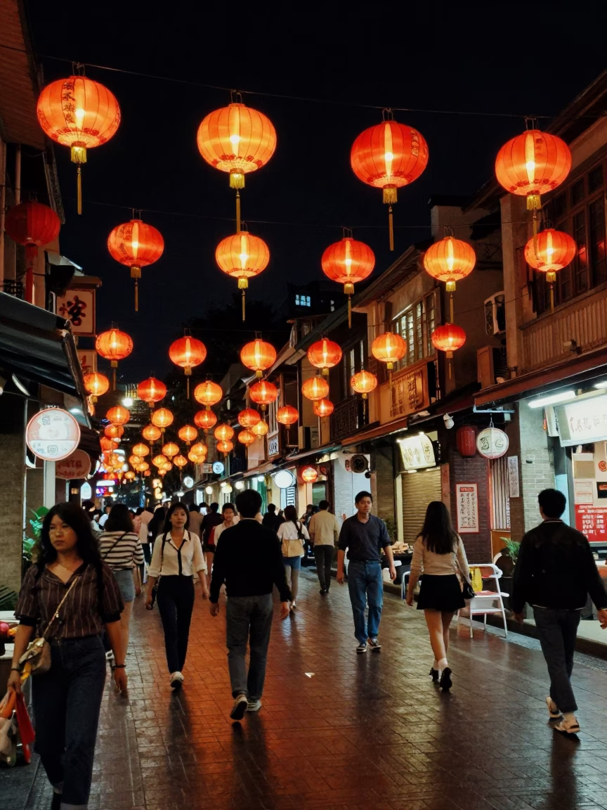 Late Night Kaohsiung Street Scene with Hanging Lanterns and Urban Activity in in Kaohsiung, Taiwan
